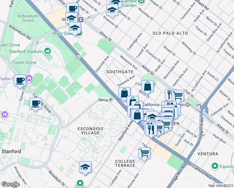 map of restaurants, bars, coffee shops, grocery stores, and more near 222 Sequoia Avenue in Palo Alto