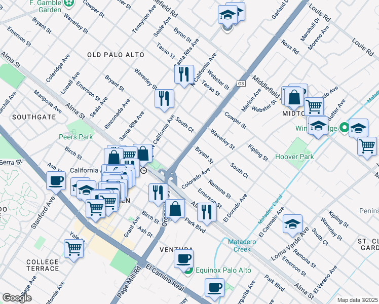 map of restaurants, bars, coffee shops, grocery stores, and more near 2411 Ramona Street in Palo Alto