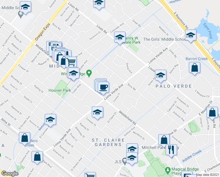 map of restaurants, bars, coffee shops, grocery stores, and more near 761 Allen Court in Palo Alto