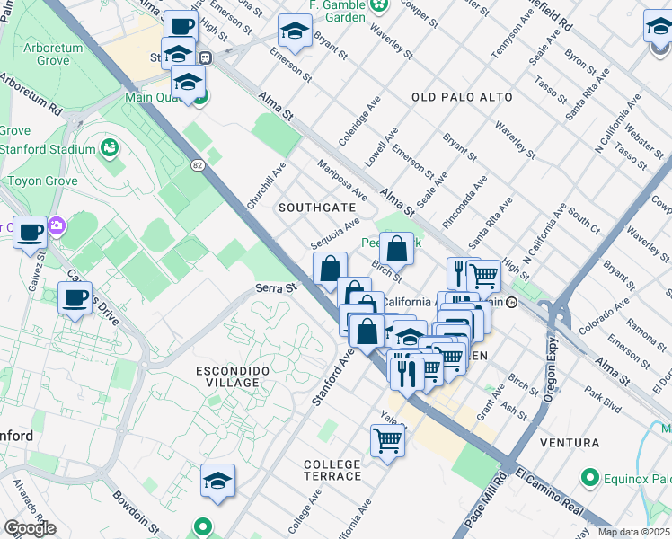 map of restaurants, bars, coffee shops, grocery stores, and more near 222 Sequoia Avenue in Palo Alto