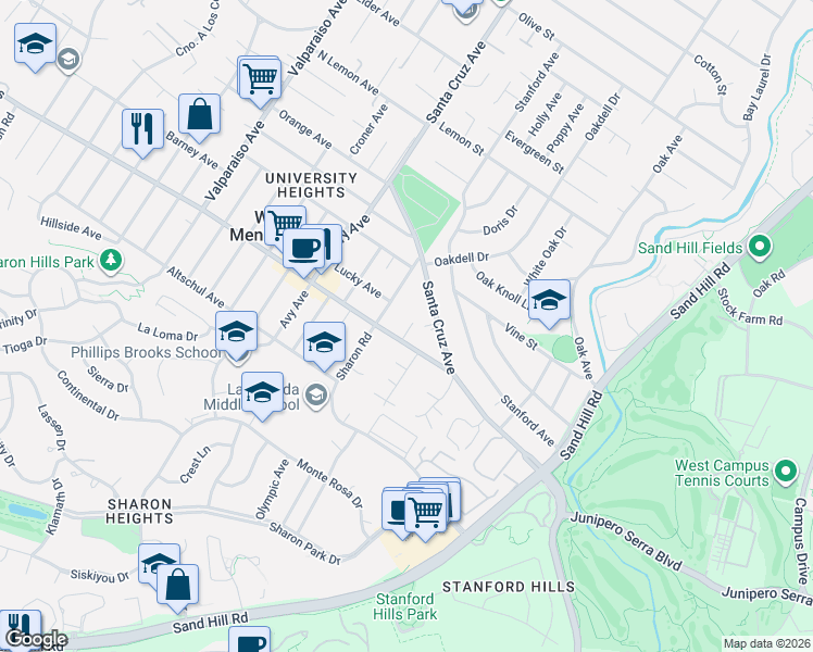 map of restaurants, bars, coffee shops, grocery stores, and more near 35 Harrison Way in Menlo Park