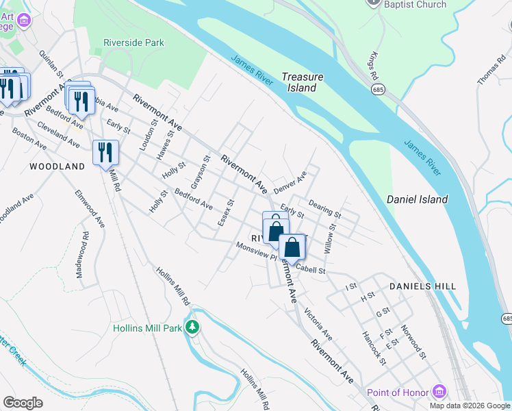 map of restaurants, bars, coffee shops, grocery stores, and more near in Lynchburg