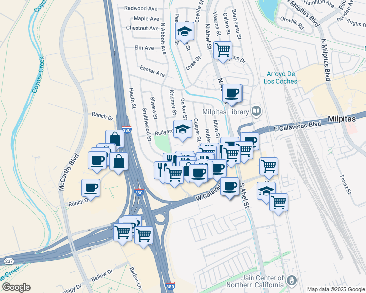 map of restaurants, bars, coffee shops, grocery stores, and more near 140 North Abbott Avenue in Milpitas