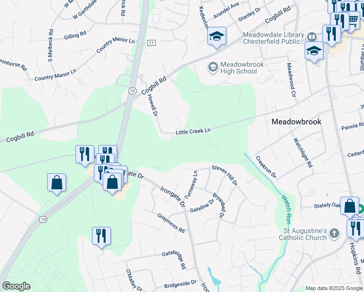 map of restaurants, bars, coffee shops, grocery stores, and more near 5111 Little Creek Lane in Richmond