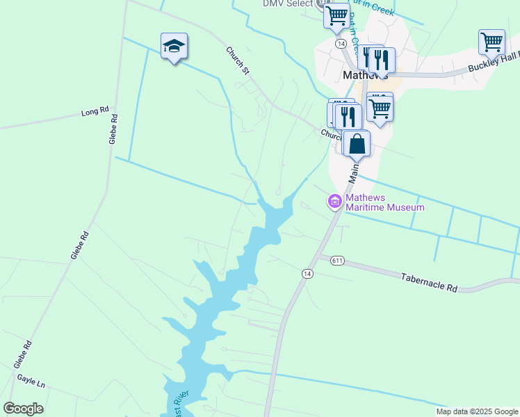 map of restaurants, bars, coffee shops, grocery stores, and more near Put-In-Creek Road in Mathews