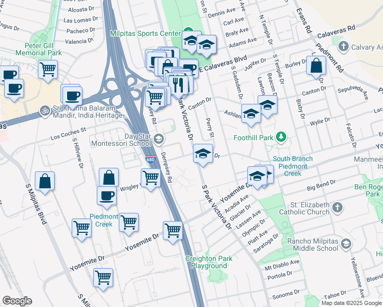 map of restaurants, bars, coffee shops, grocery stores, and more near 349 South Park Victoria Drive in Milpitas