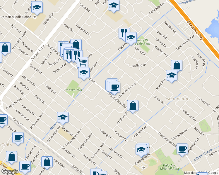 map of restaurants, bars, coffee shops, grocery stores, and more near 3085 Middlefield Road in Palo Alto