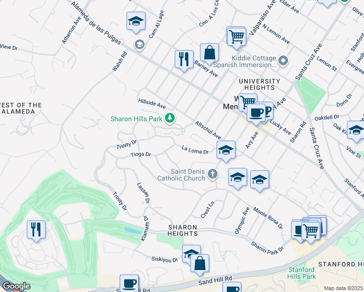 map of restaurants, bars, coffee shops, grocery stores, and more near 1308 Bellair Way in Menlo Park