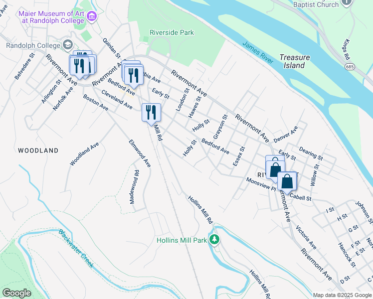 map of restaurants, bars, coffee shops, grocery stores, and more near 1917 Cleveland Avenue in Lynchburg