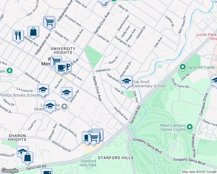 map of restaurants, bars, coffee shops, grocery stores, and more near 381 Leland Avenue in Menlo Park
