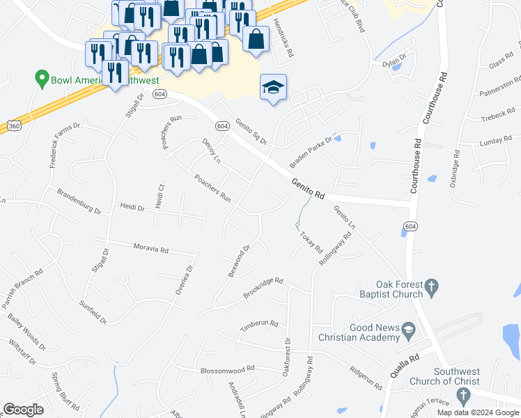 map of restaurants, bars, coffee shops, grocery stores, and more near 10736 Poachers Run in Chesterfield