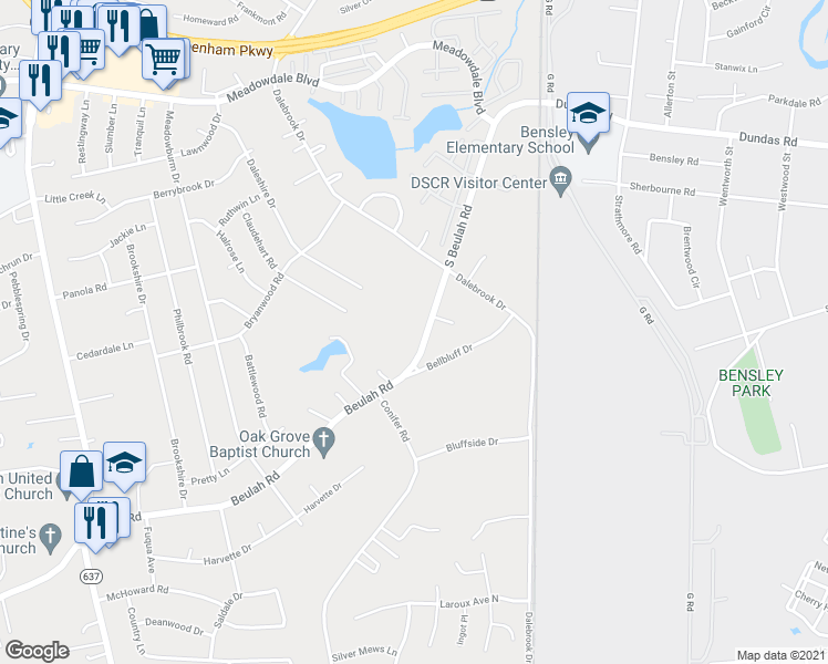 map of restaurants, bars, coffee shops, grocery stores, and more near 6660 South Beulah Road in Richmond