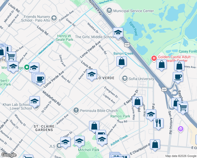 map of restaurants, bars, coffee shops, grocery stores, and more near 3520 Greer Road in Palo Alto