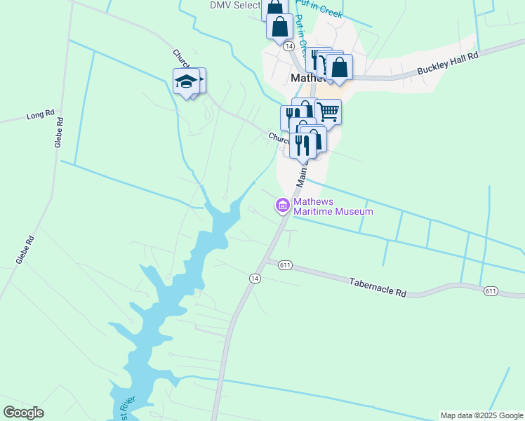 map of restaurants, bars, coffee shops, grocery stores, and more near 86 Irvinville Lane in Mathews