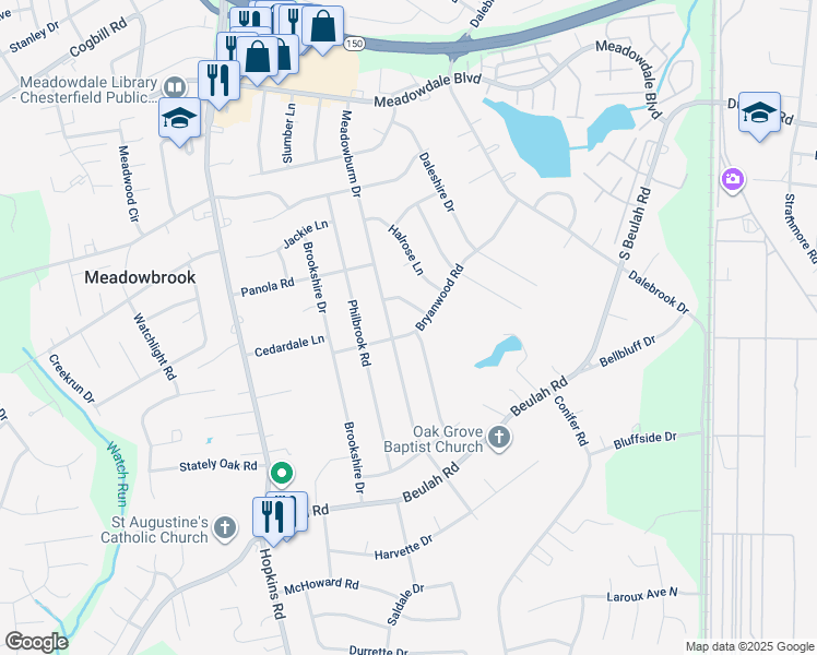 map of restaurants, bars, coffee shops, grocery stores, and more near 4040 Bryanwood Road in Richmond