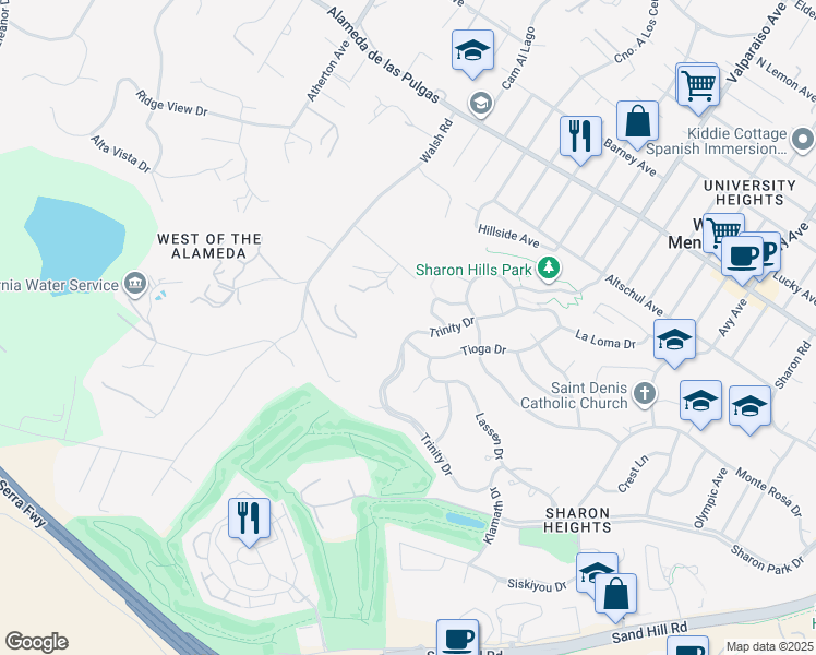 map of restaurants, bars, coffee shops, grocery stores, and more near 1205 Trinity Drive in Menlo Park