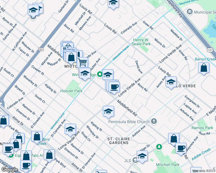 map of restaurants, bars, coffee shops, grocery stores, and more near 3085 Middlefield Road in Palo Alto
