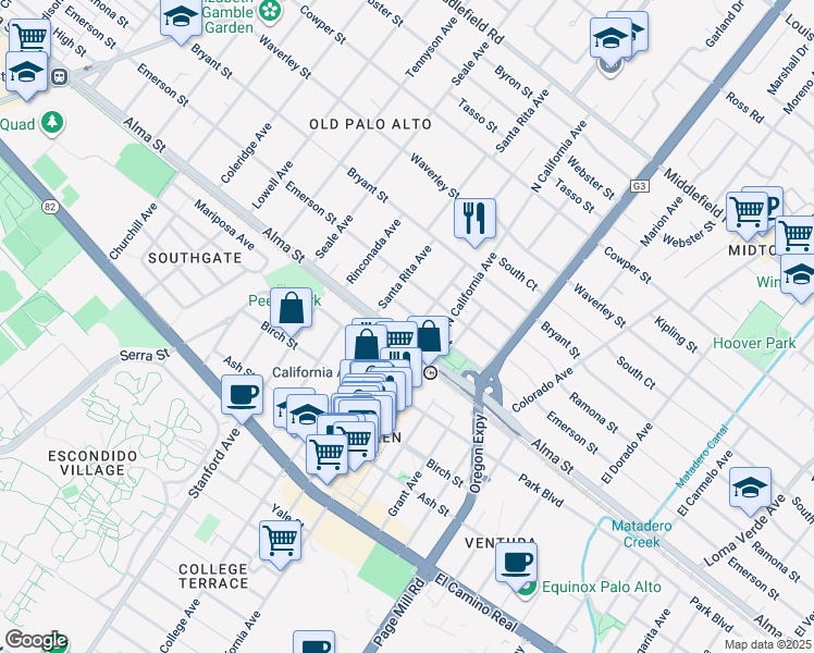 map of restaurants, bars, coffee shops, grocery stores, and more near 122 Santa Rita Avenue in Palo Alto