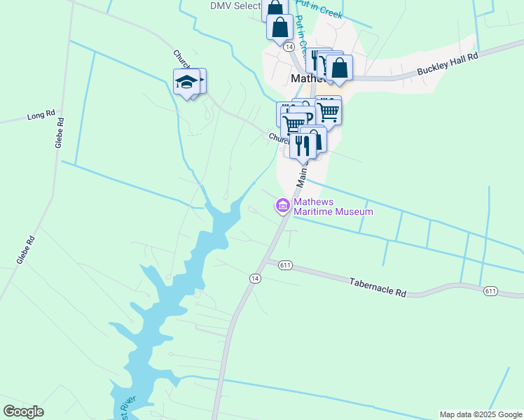 map of restaurants, bars, coffee shops, grocery stores, and more near 86 Irvinville Lane in Mathews