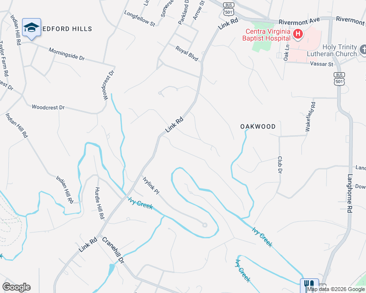 map of restaurants, bars, coffee shops, grocery stores, and more near 3813 Manton Ln in Lynchburg