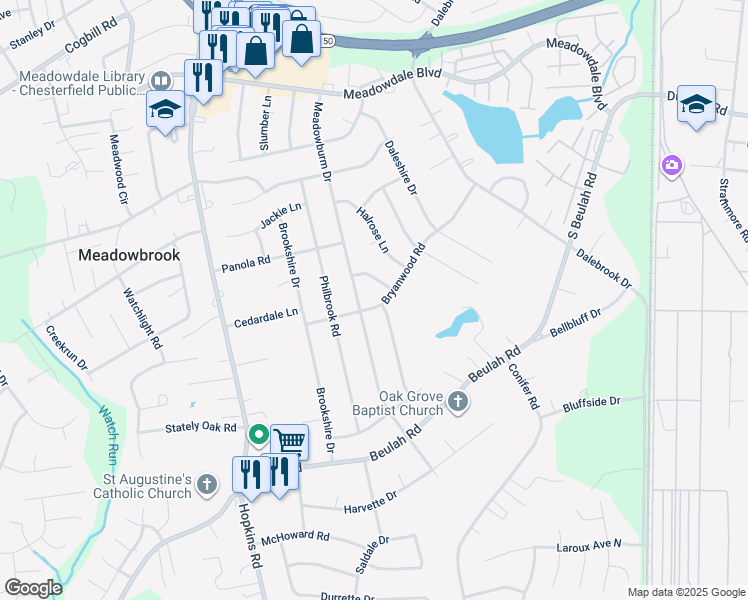 map of restaurants, bars, coffee shops, grocery stores, and more near 4040 Bryanwood Road in Richmond