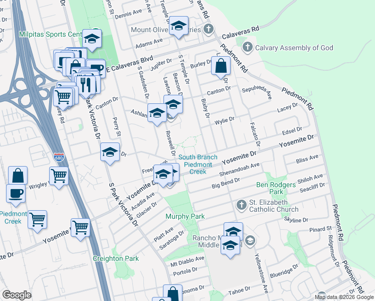 map of restaurants, bars, coffee shops, grocery stores, and more near 453 Lomer Way in Milpitas