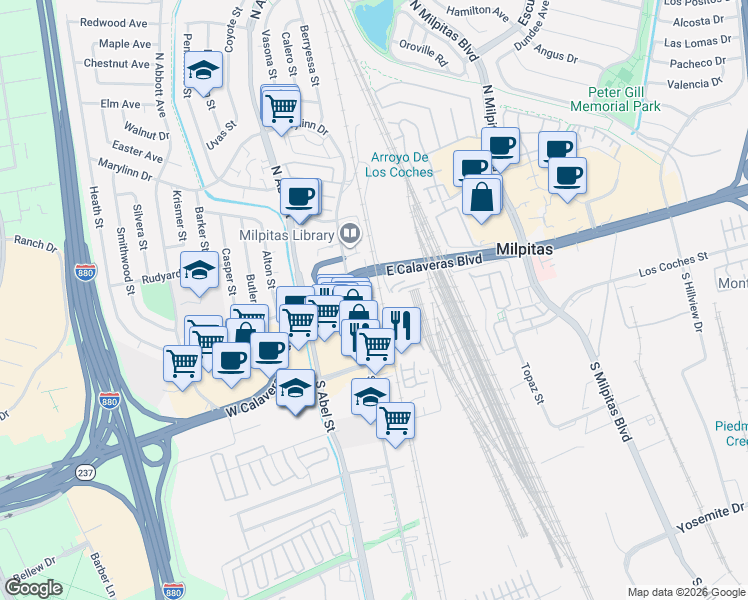 map of restaurants, bars, coffee shops, grocery stores, and more near 27 Winsor Street in Milpitas