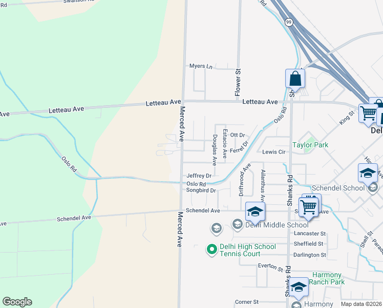 map of restaurants, bars, coffee shops, grocery stores, and more near 16953 Darren Lane in Delhi
