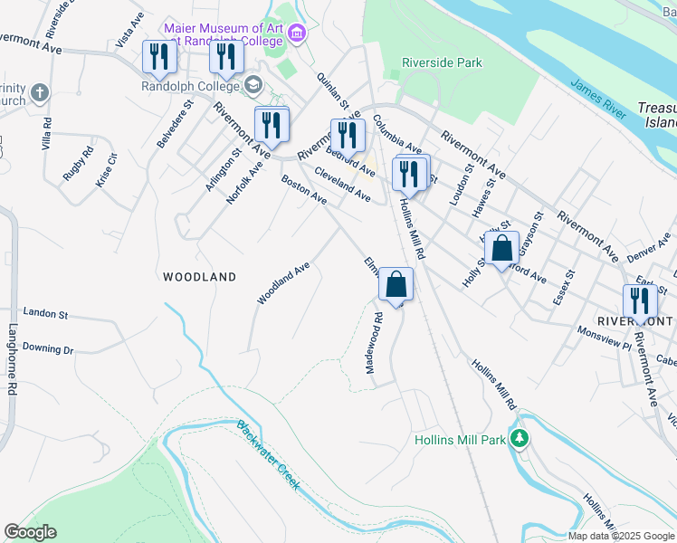 map of restaurants, bars, coffee shops, grocery stores, and more near 400 Hillsman Lane in Lynchburg