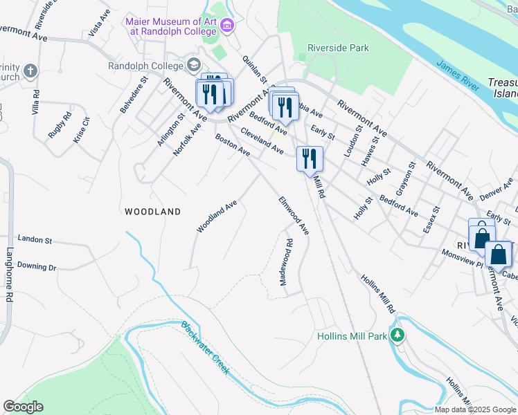 map of restaurants, bars, coffee shops, grocery stores, and more near 400 Hillsman Lane in Lynchburg