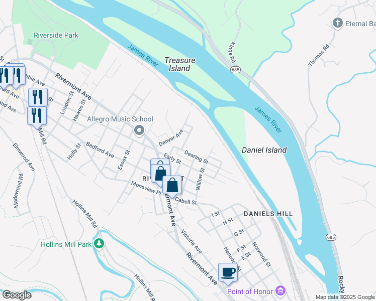 map of restaurants, bars, coffee shops, grocery stores, and more near 1120 Dearing Street in Lynchburg