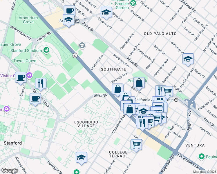 map of restaurants, bars, coffee shops, grocery stores, and more near 1641 California 82 in Palo Alto