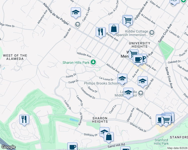 map of restaurants, bars, coffee shops, grocery stores, and more near 2230 Tioga Drive in Menlo Park