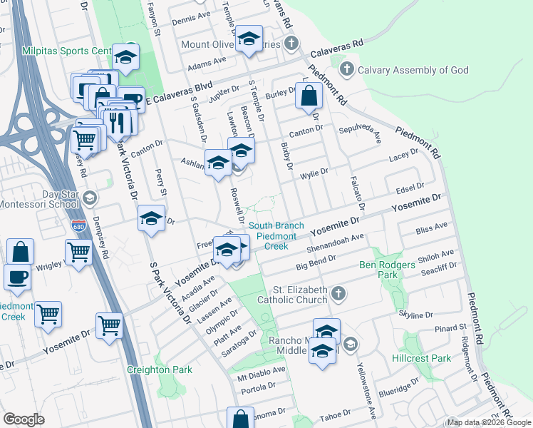 map of restaurants, bars, coffee shops, grocery stores, and more near 453 Lomer Way in Milpitas