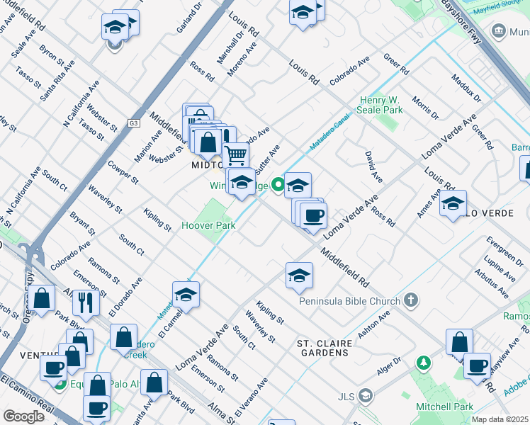 map of restaurants, bars, coffee shops, grocery stores, and more near 696 Towle Place in Palo Alto