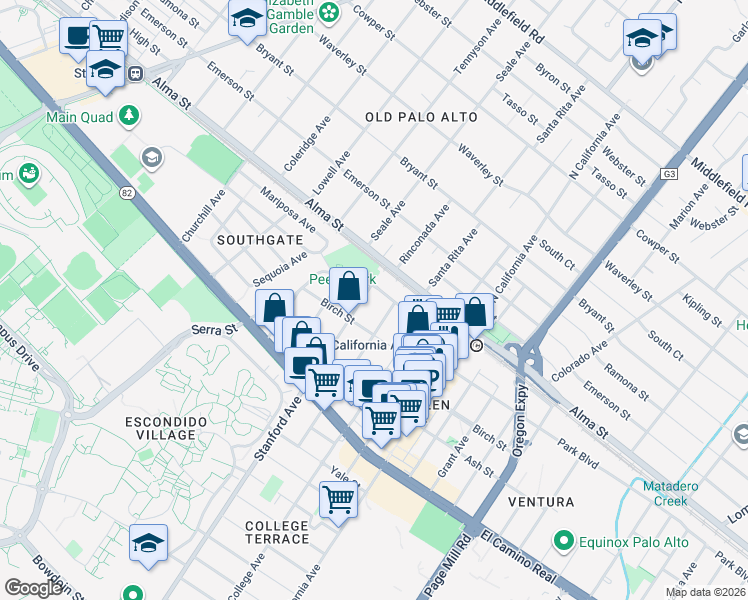 map of restaurants, bars, coffee shops, grocery stores, and more near 201 Stanford Avenue in Palo Alto