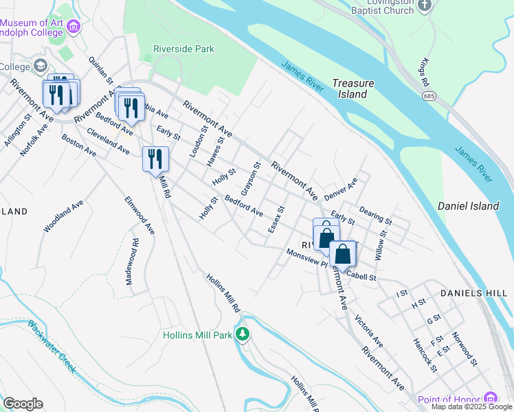 map of restaurants, bars, coffee shops, grocery stores, and more near 1623 Ruffner Place in Lynchburg
