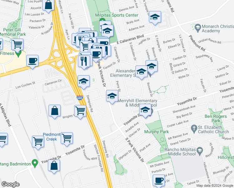 map of restaurants, bars, coffee shops, grocery stores, and more near 361 Perry Street in Milpitas