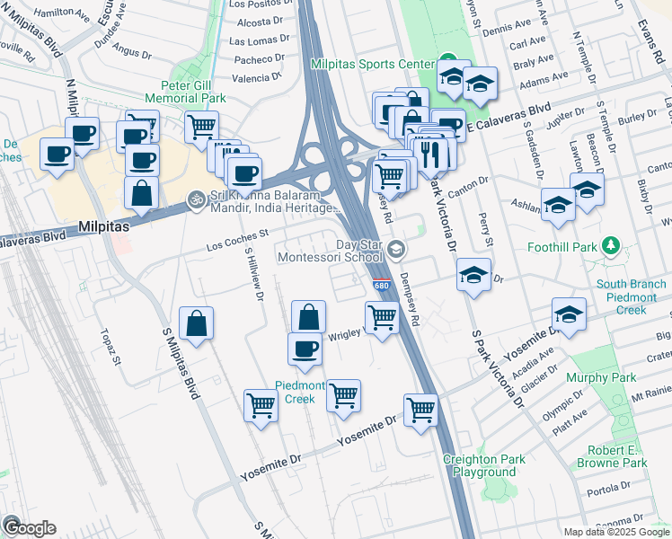 map of restaurants, bars, coffee shops, grocery stores, and more near 261 Gerald Circle in Milpitas