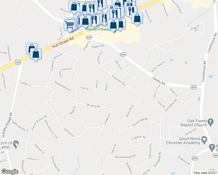 map of restaurants, bars, coffee shops, grocery stores, and more near 4421 Heidi Place in Midlothian