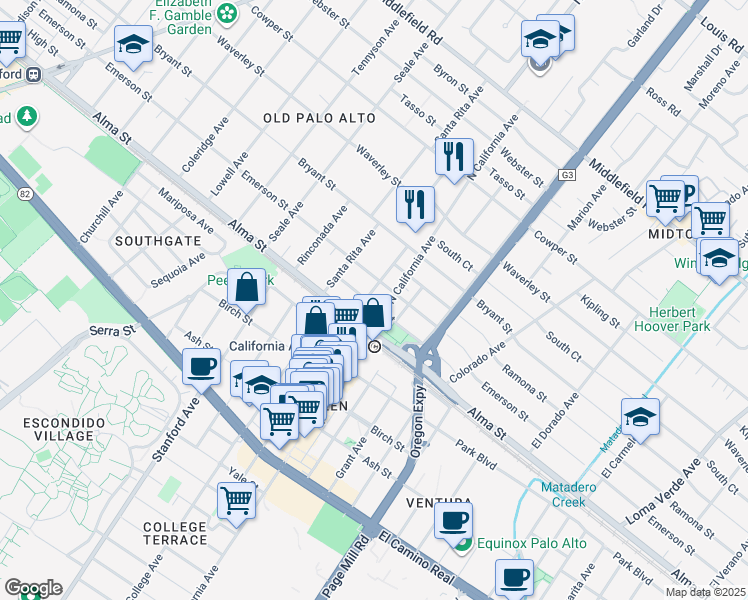 map of restaurants, bars, coffee shops, grocery stores, and more near 2211 High Street in Palo Alto