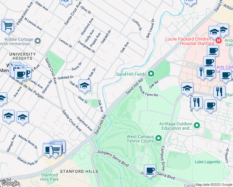 map of restaurants, bars, coffee shops, grocery stores, and more near 1766 Oak Creek Drive in Palo Alto