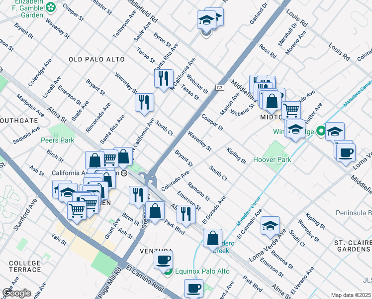 map of restaurants, bars, coffee shops, grocery stores, and more near 2460 South Court in Palo Alto