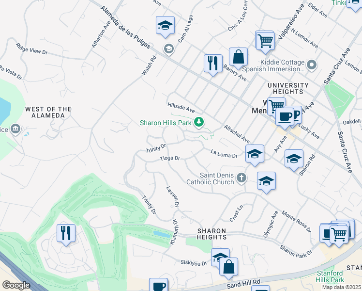 map of restaurants, bars, coffee shops, grocery stores, and more near 1350 Trinity Drive in Menlo Park
