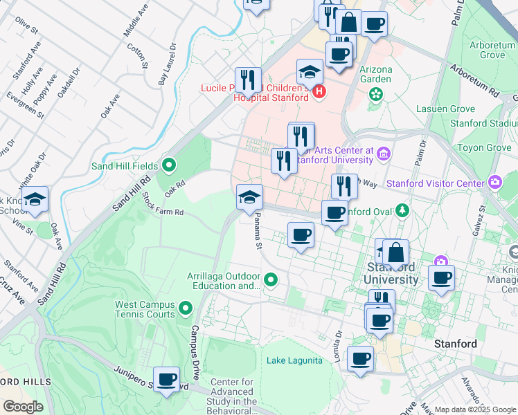 map of restaurants, bars, coffee shops, grocery stores, and more near 260 Panama Street in Stanford