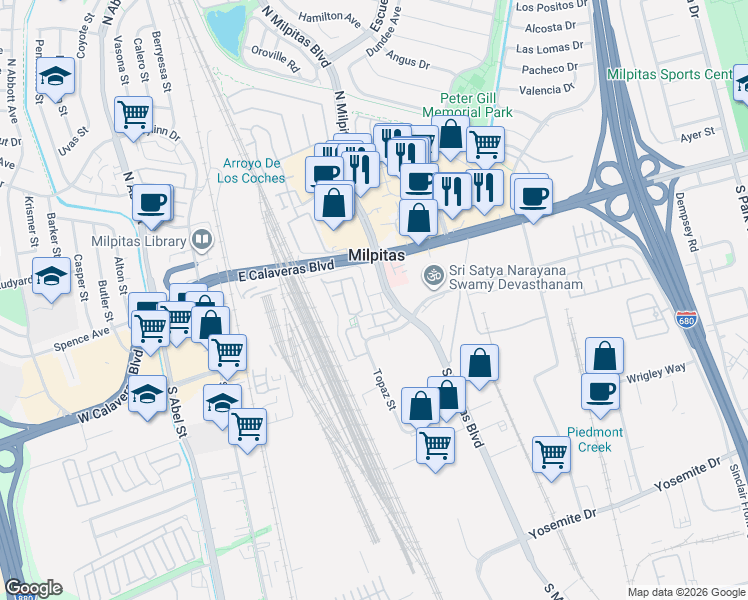 map of restaurants, bars, coffee shops, grocery stores, and more near 73 South Milpitas Boulevard in Milpitas