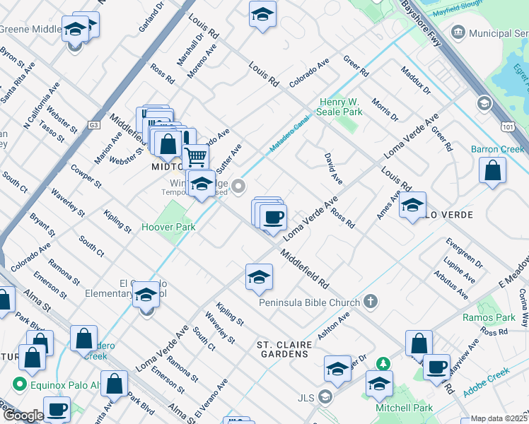 map of restaurants, bars, coffee shops, grocery stores, and more near 3085 Middlefield Road in Palo Alto