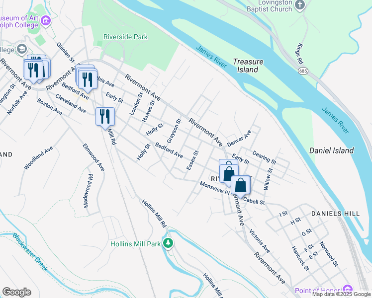 map of restaurants, bars, coffee shops, grocery stores, and more near 1623 Ruffner Place in Lynchburg