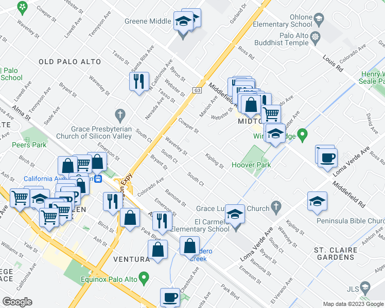 map of restaurants, bars, coffee shops, grocery stores, and more near 2599 Waverley Street in Palo Alto