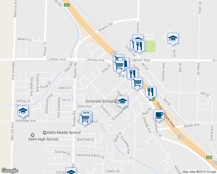 map of restaurants, bars, coffee shops, grocery stores, and more near 16190 Delhi Avenue in Delhi